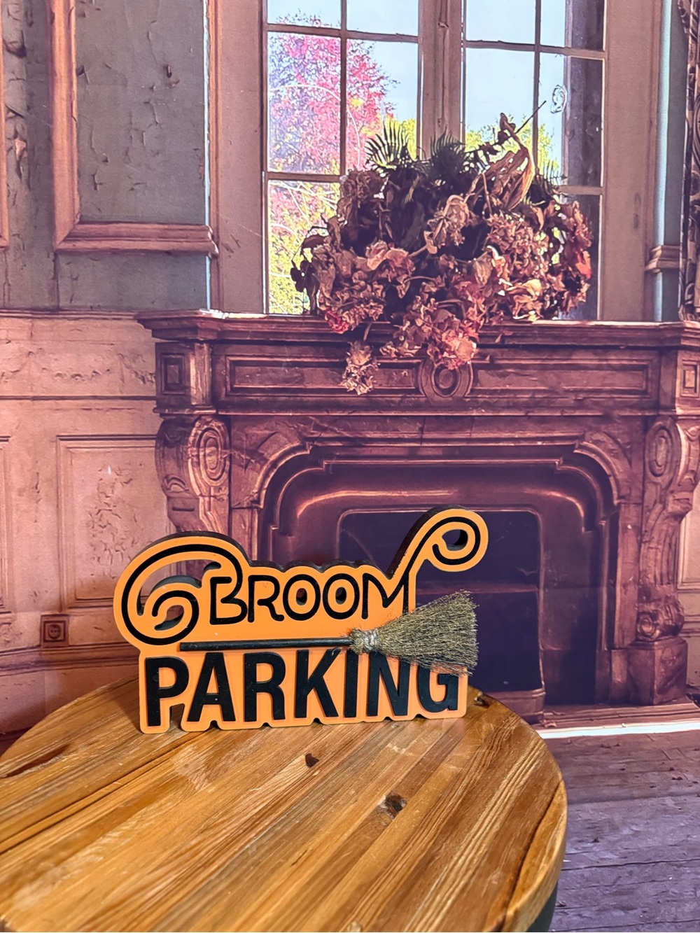 Broom Parking Halloween Tabletop Sign – Orange and Black Halloween Salem